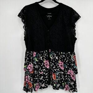 Torrid Super Soft Knits Black Floral Lace Tiered Babydoll Top Plus Size 1X
